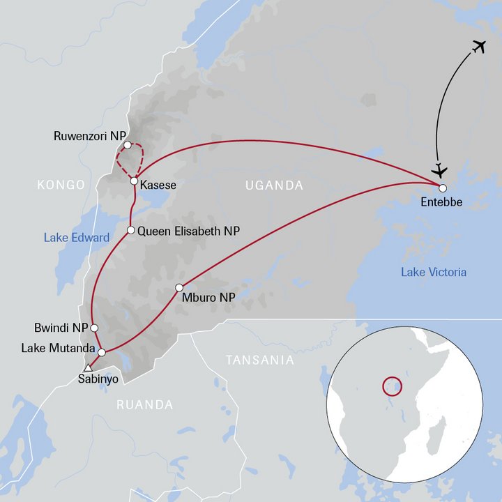 Karte der Uganda-Reise von den Mondbergen zu den Berggorillas