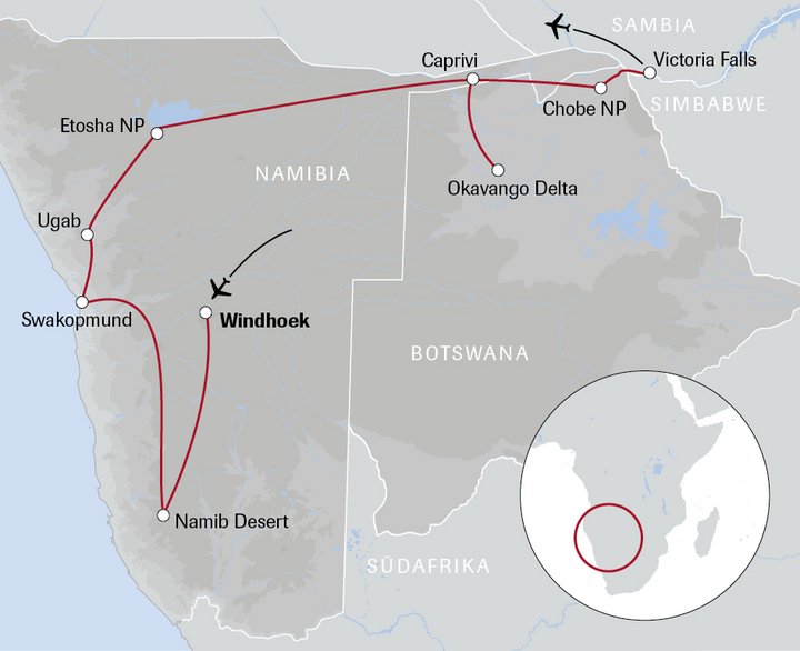 Karte der Reise nach Namibia und Botswana: die Elefantenroute