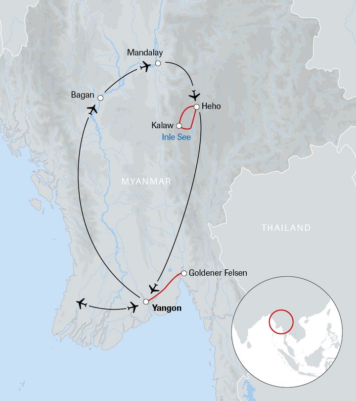 Karte der Myanmar-Reise ins goldene Land