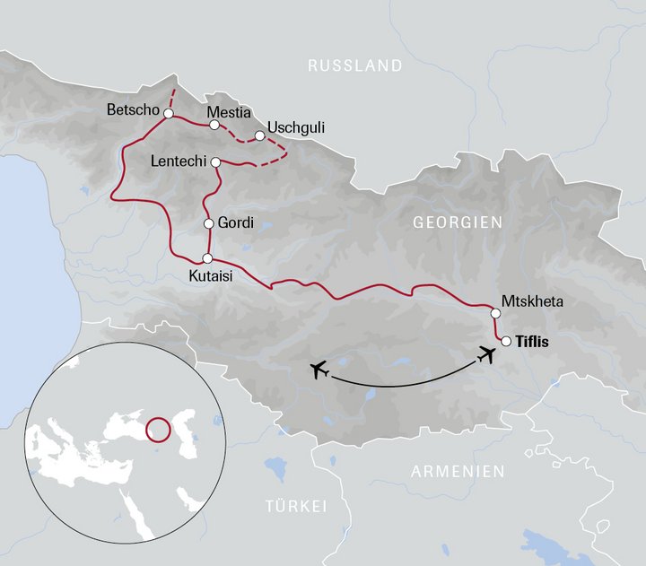 Karte der Georgien-Reise Panoramatour im Kaukasus