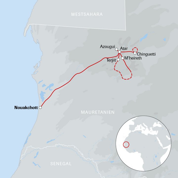 Karte mit Ablauf der Reise nach Mauretanien