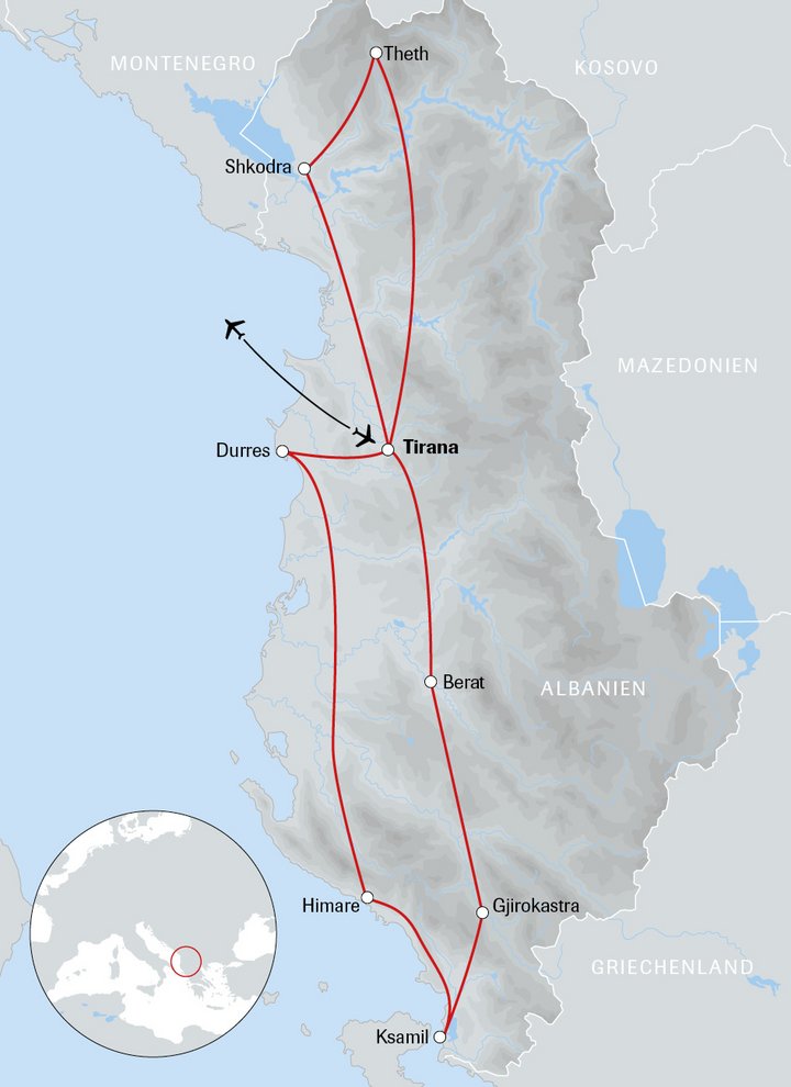 Karte Albanien Mietwagenreise