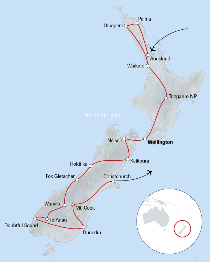 Karte der Reise Neuseeland für Naturliebhaber