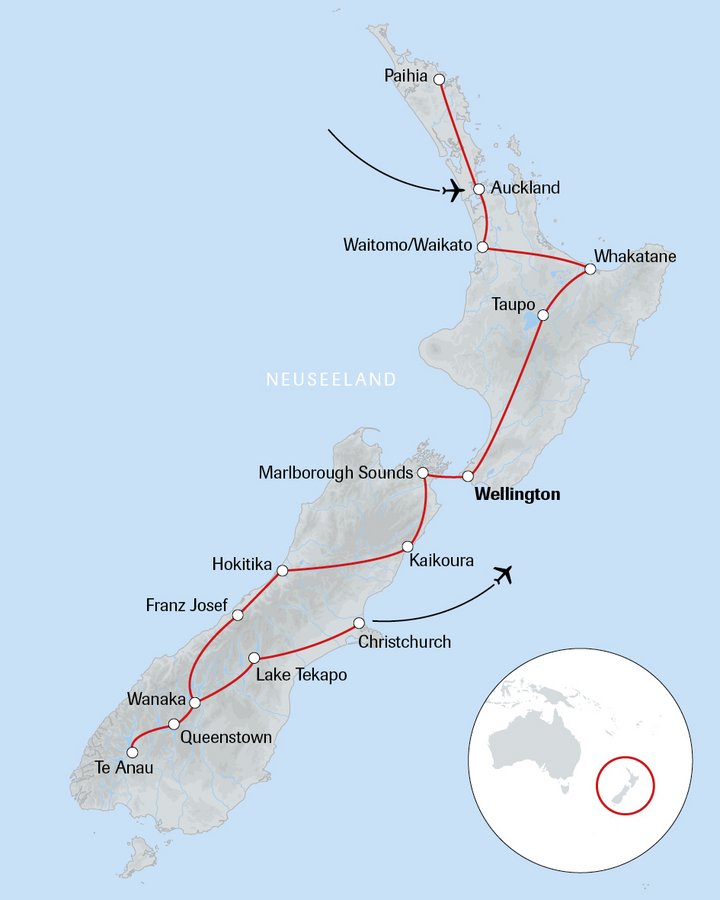 Karte der Reise Faszination Neuseeland
