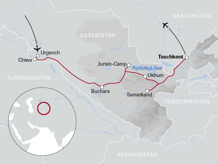 Karte der HEV-Leserreise nach Usbekistan