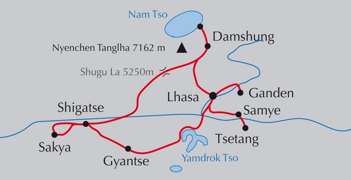 Karte der Reise Höhepunkte Tibets