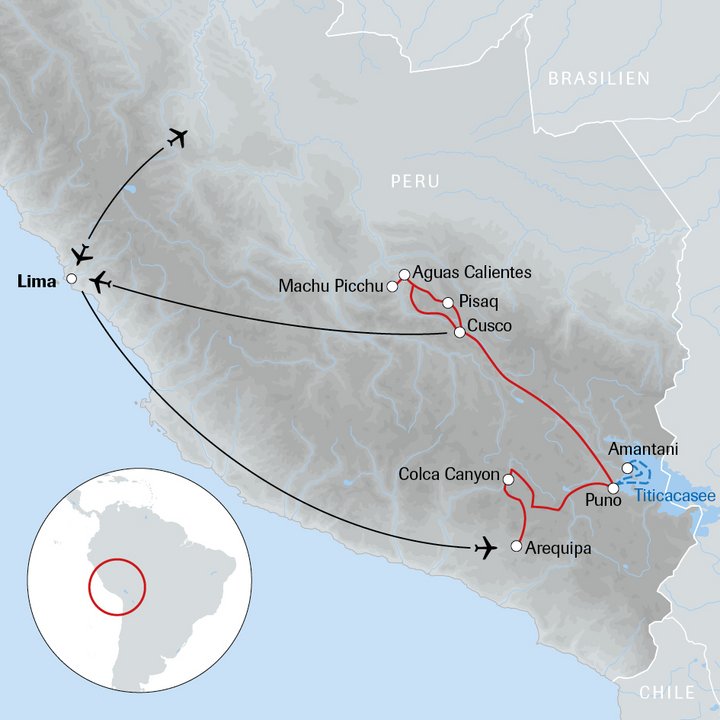Karte der Peru-Reise vom Titicacasee nach Machu Picchu
