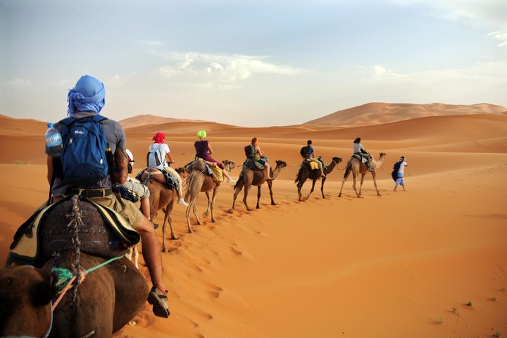 Kamelkarawane in den Dünen der Sahara bei Merzouga in Marokko