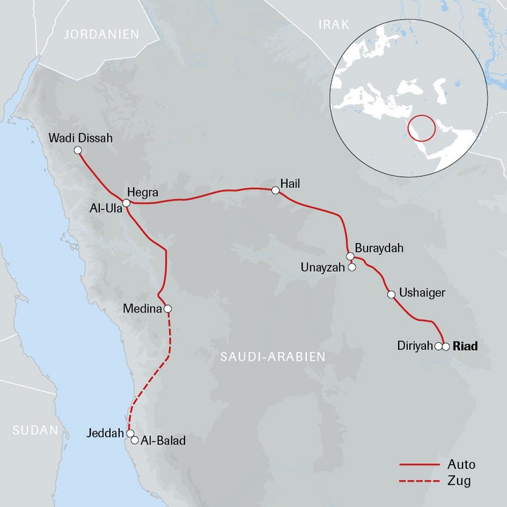 Karte Frauenreise Saudi-Arabien mit Hin- und Rückflug