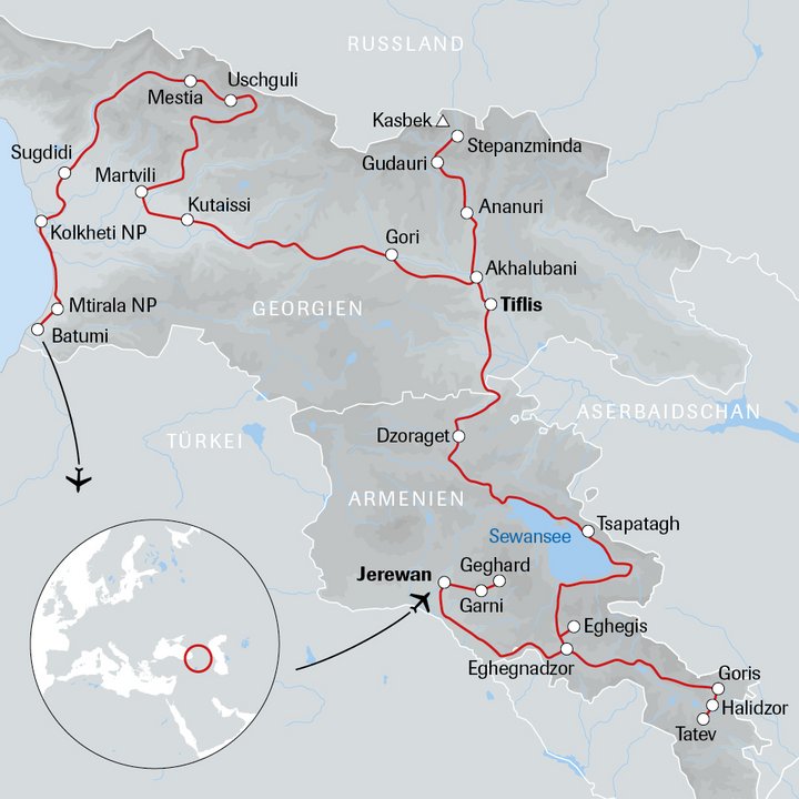 Karte der Reise nach Armenien und Georgien