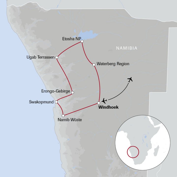Karte der Reise Wanderlust in Namibia