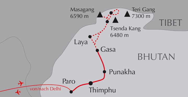 Karte mit der Route der Reise Trekking zu den Eisriesen Bhutans