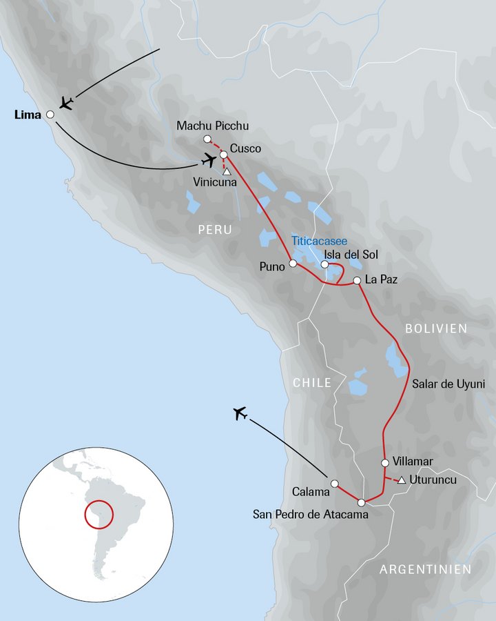 Karte der Reise im Reich der Inkas