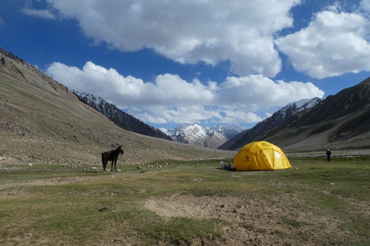 Gelbes Zelt und Pferd mit Bergkulisse des Pamir