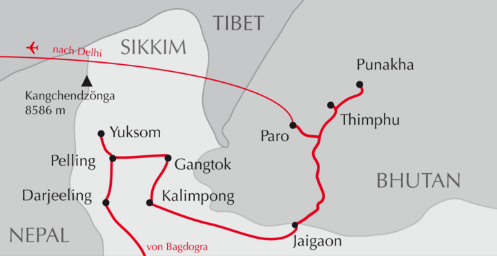 Karte der Reise Darjeeling, Sikkim und Bhutan