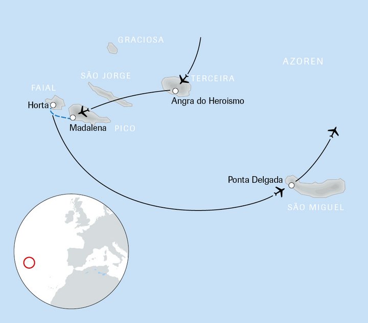 Karte der Mietwagenreise das Beste der Azoren