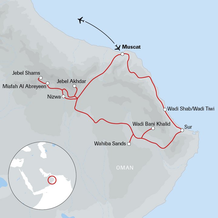 Karte mit Reiseverlauf in Oman