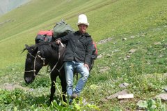 Kirgise transportiert auf seinem Pferd das Gepäck fürs Trekking