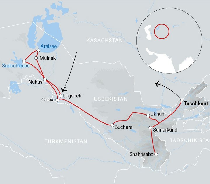 Karte der Reise Usbekistan umfassend Karte der Reise Usbekistan umfassend