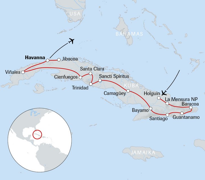 Karte der Reise Kuba real