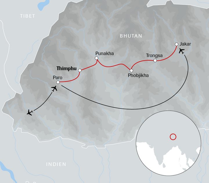 Karte der Reise Auf alten Pilgerpfaden in Bhutan