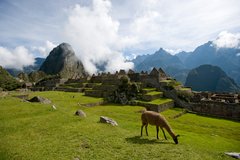 Blick über die Inkastätte von Machu Picchu in Peru