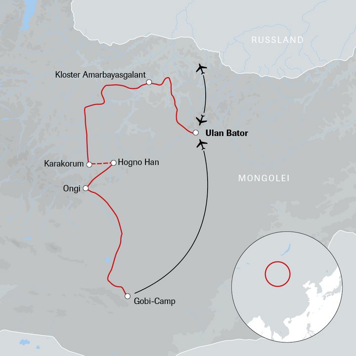 Karte der Mongolei-Reise auf den Spuren Dschingis Khans