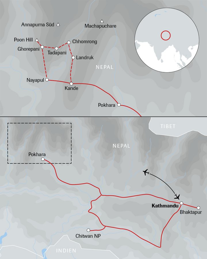 Karte der Reise Nepals Vielfalt