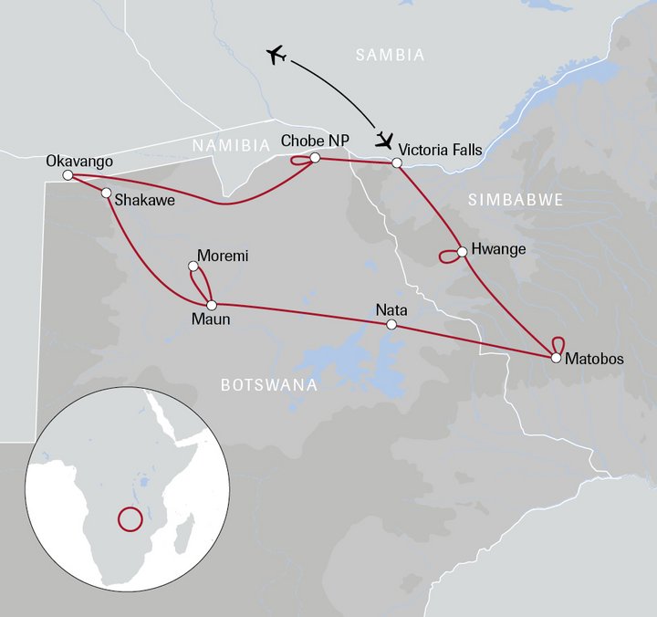 Karte der Reise nach Botswana und Simbabwe: Elfenbein-Route