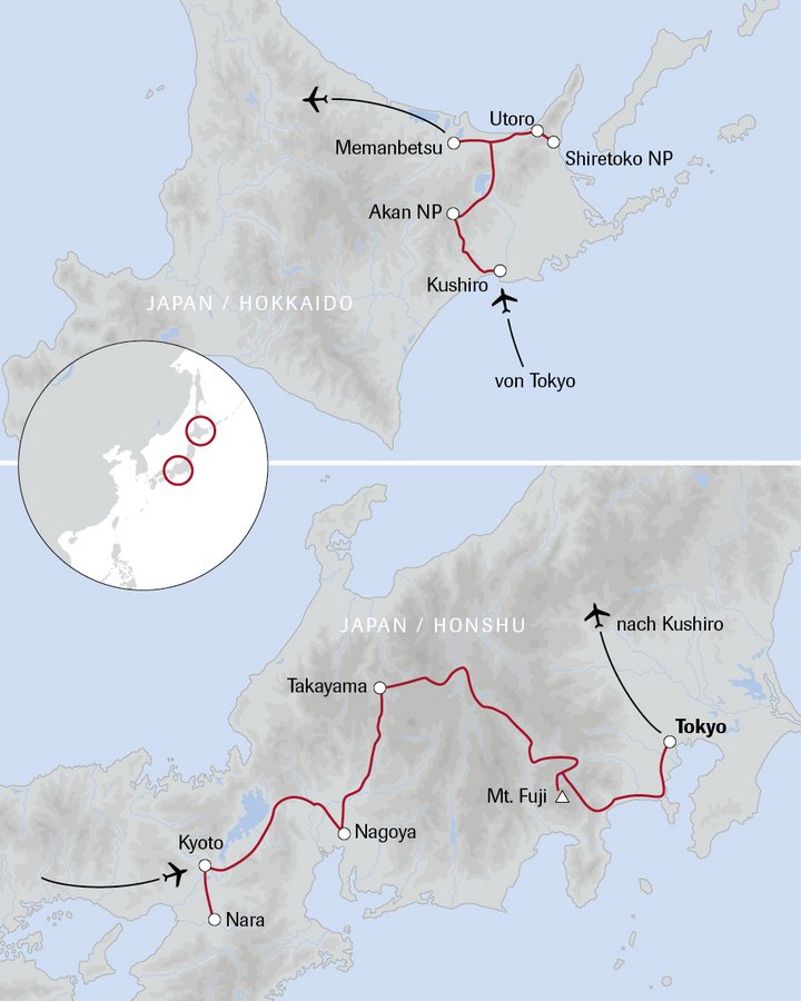 Karte der aktiv Reise Japan