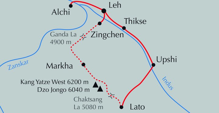Karte mit der Route der Reise zwei 6000er - Dzo Jongo und Kang Yatze