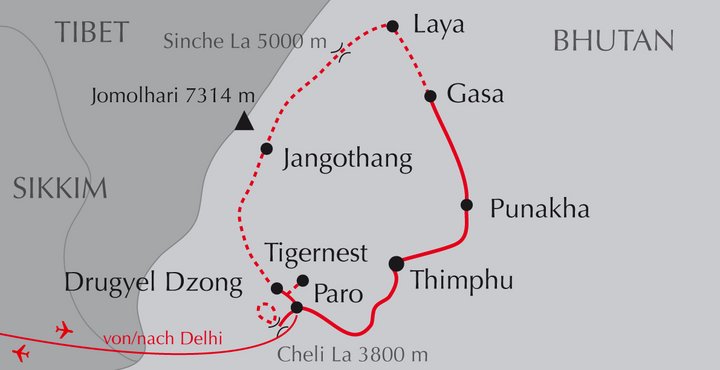 Karte mit der Route der Reise Laya Trekking