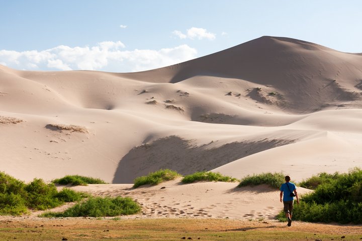 Mann läuft auf Chongoryn Els Sanddüne zu