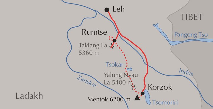 Karte mit der Route der Reise sieben Pässe zum Tsomoriri-See