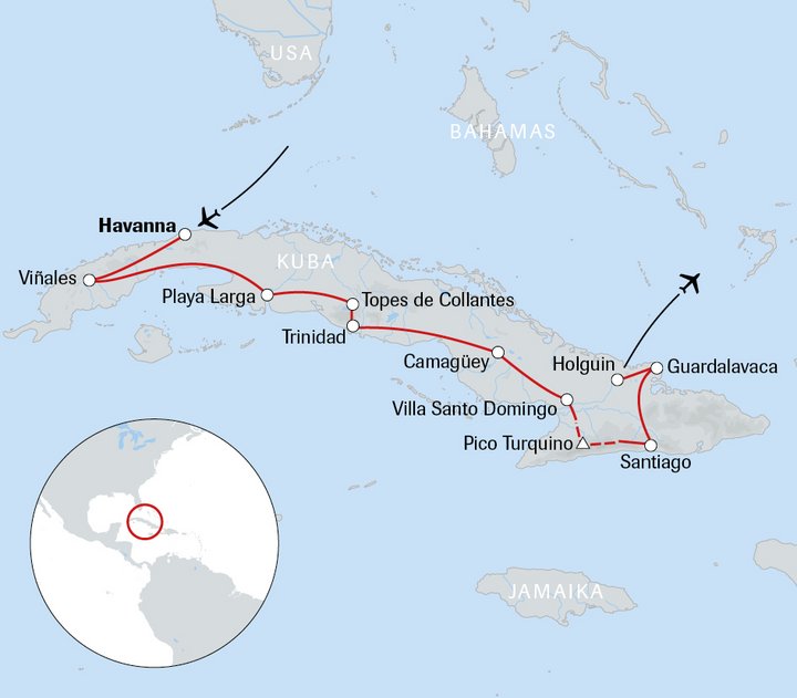 Karte der Reise Kuba - ein Paradies für Wanderfreunde