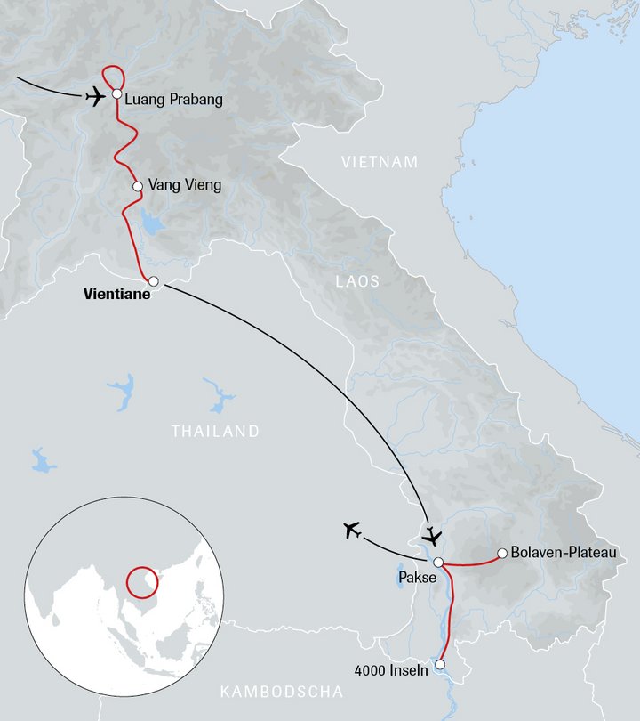 Karte der Reise Höhepunkte Laos