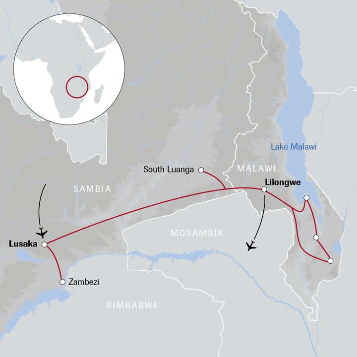 Karte der Reise nach Sambia und Malawi