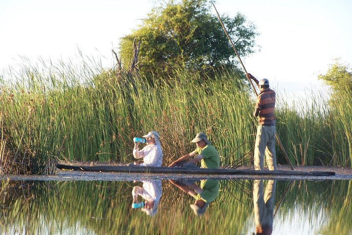 Touristen auf einer Bootsfahrt im Okavango Delta in Botswana