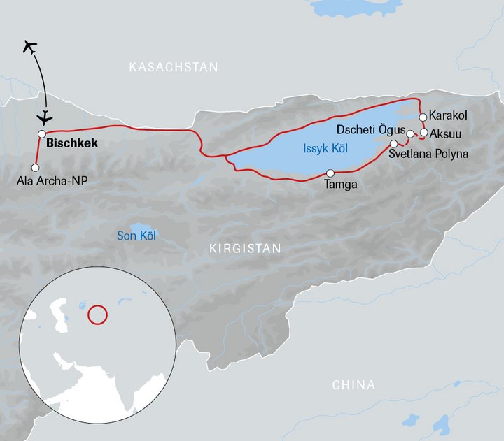 Karte der Kirgistan-Reise unterwegs im Himmelsgebirge