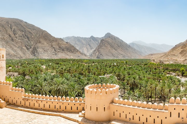 Aussicht vom Fort auf Palmenplangen und Bergen