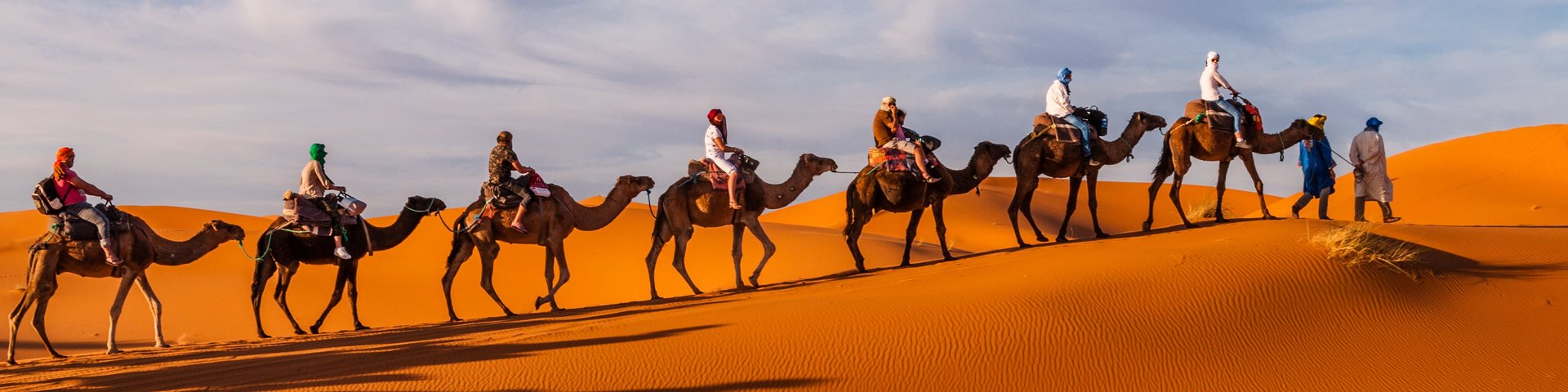 Karawane mit mehreren berittenen Kamelen in der Sahara-Wüste in Marokko