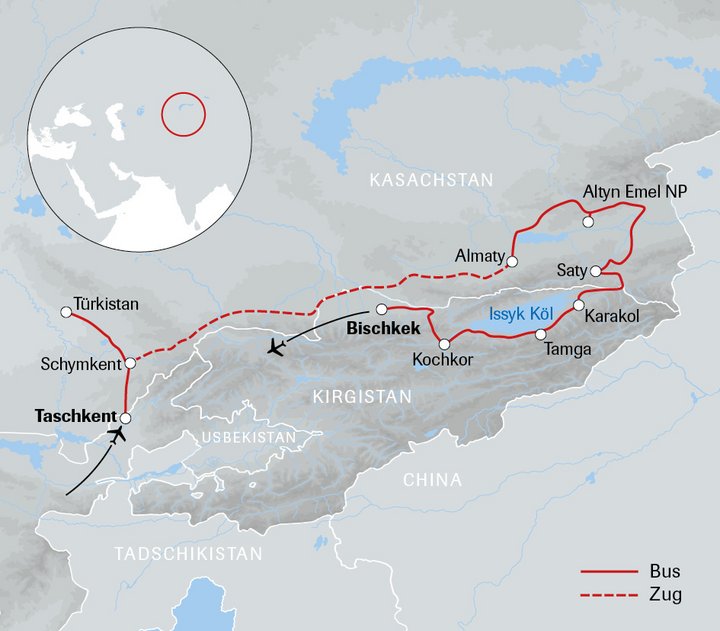 Karte der HEV-Leserreise Kasachstan und Kirgistan Karte der HEV-Leserreise Kasachstan und Kirgistan