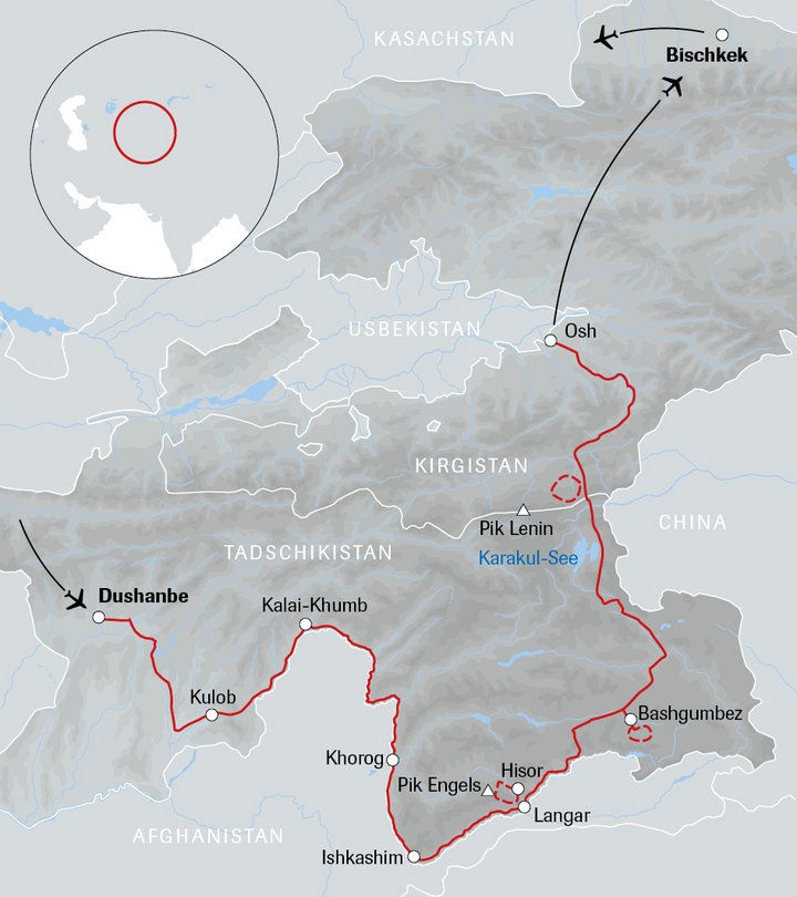 Karte Tadschikistan Kirgistan Pamir Highway und Pik Lenin