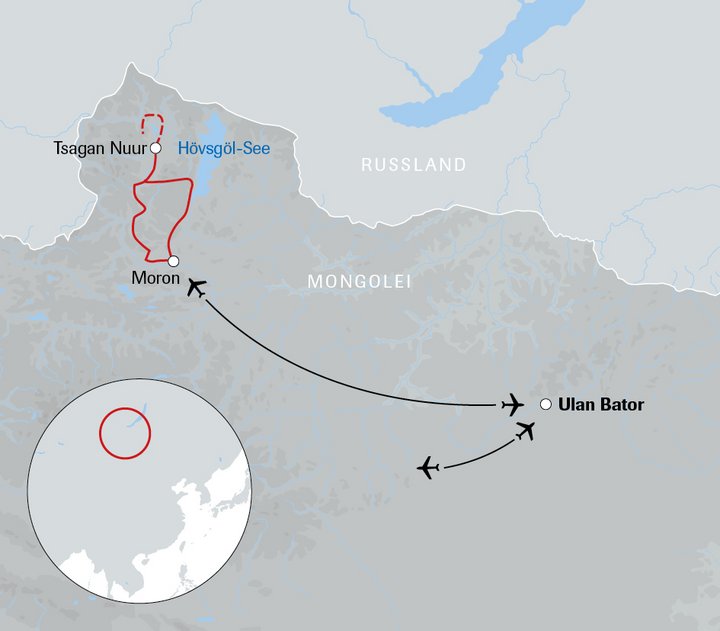 Karte der Mongolei-Reise zu den letzten Rentiernomaden