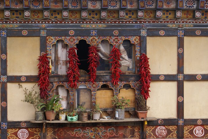 Chillis trocknen an einer Häuserwand in Bhutan