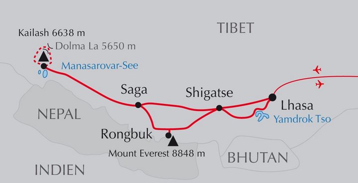 Karte der Reise mächtiger Everest und heiliger Kailash in Tibet