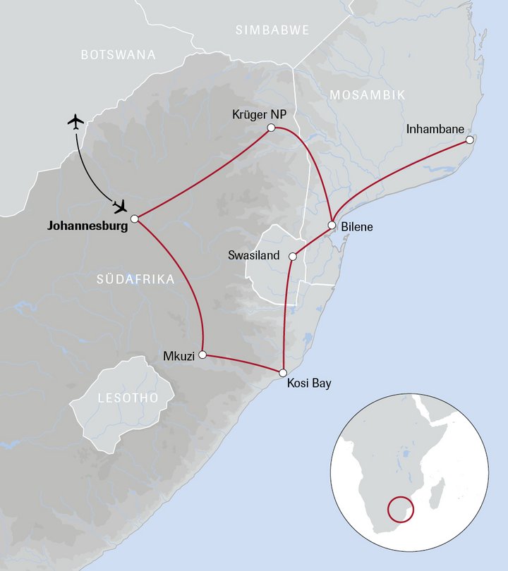 Karte der Reise Beach and Bush in Südafrika und Mosambik
