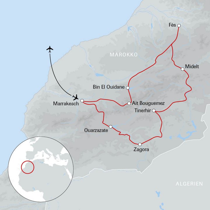 Karte der Individualreise in Marokko