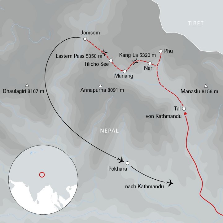 Karte der Nepal-Reise um die Annapurna
