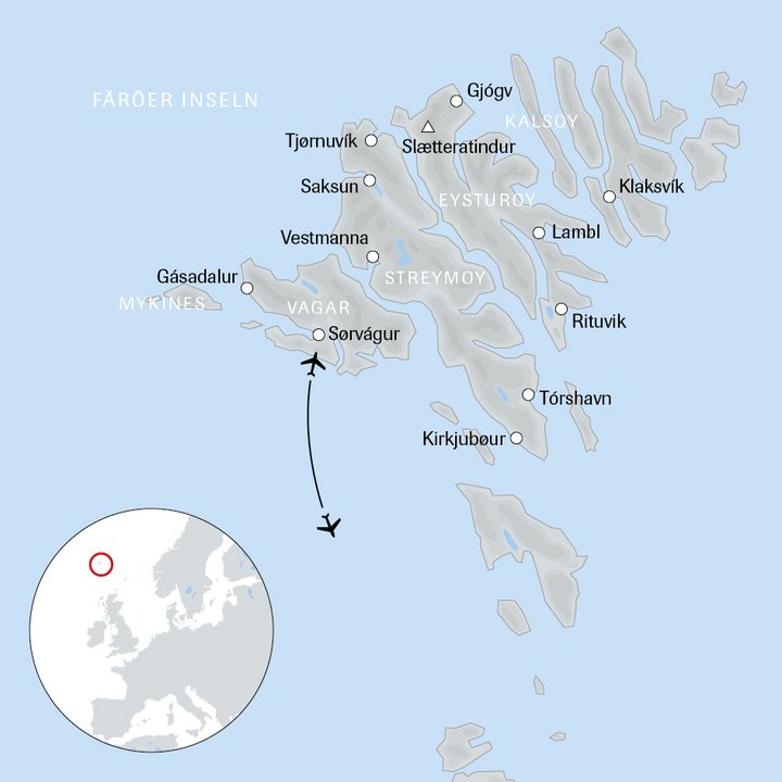 Karte der Reise auf die Färöer Inseln